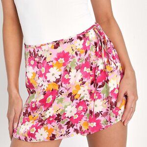 Lulus Blooming Cutie Pink Floral Print Satin Faux-wrap Skort - Size M